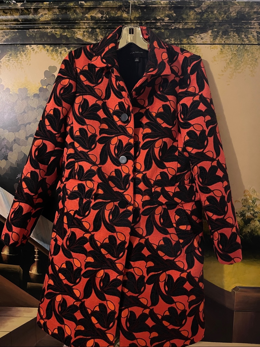 Ann Taylor Black & Coral Patterned Pea Coat